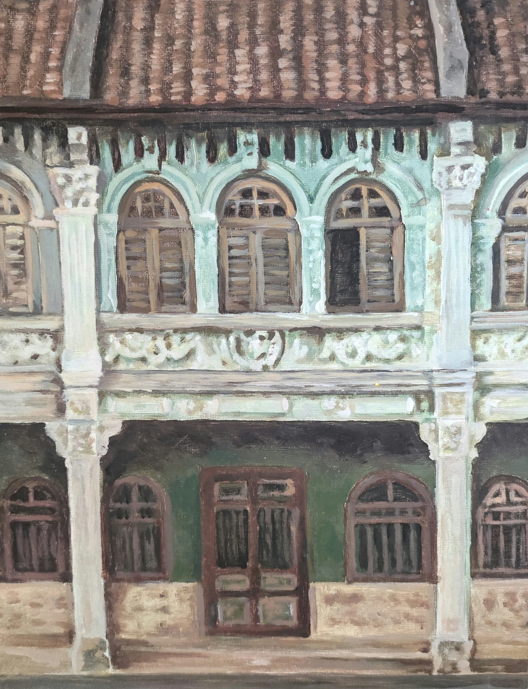 a painting of a building with many windows and doors