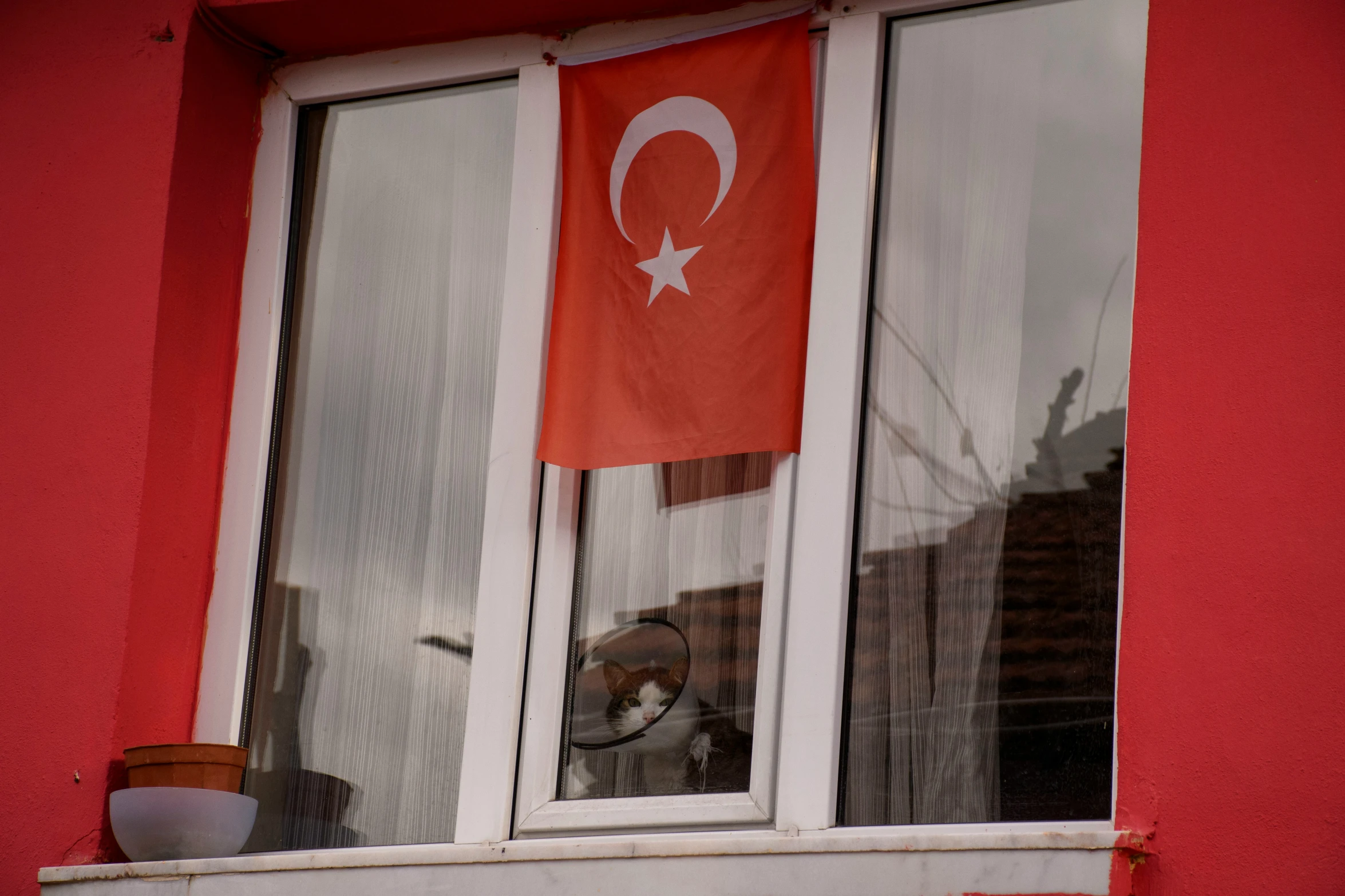 there is a flag in the window sill with red walls