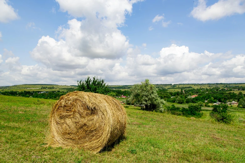 a large hay bail in a grassy area on a cloudy day
