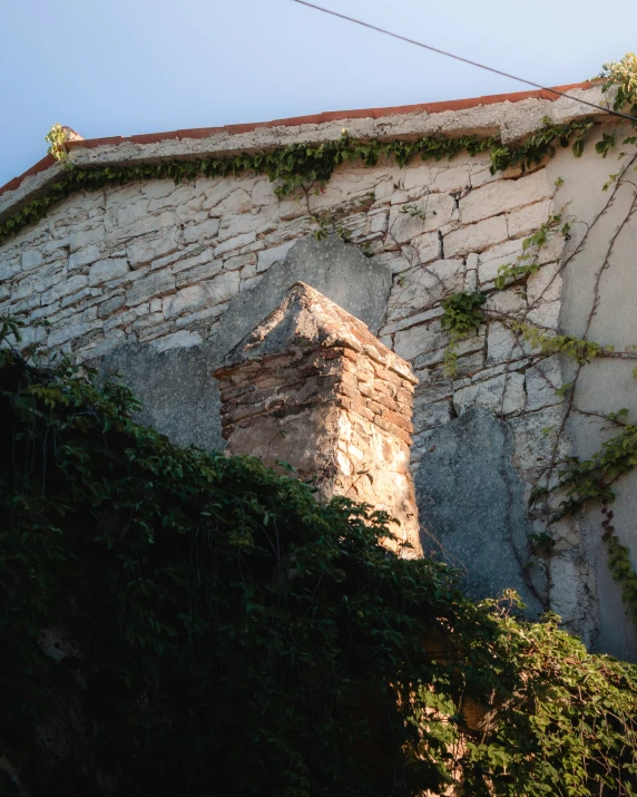 stone wall with ivy growing on it and an old window