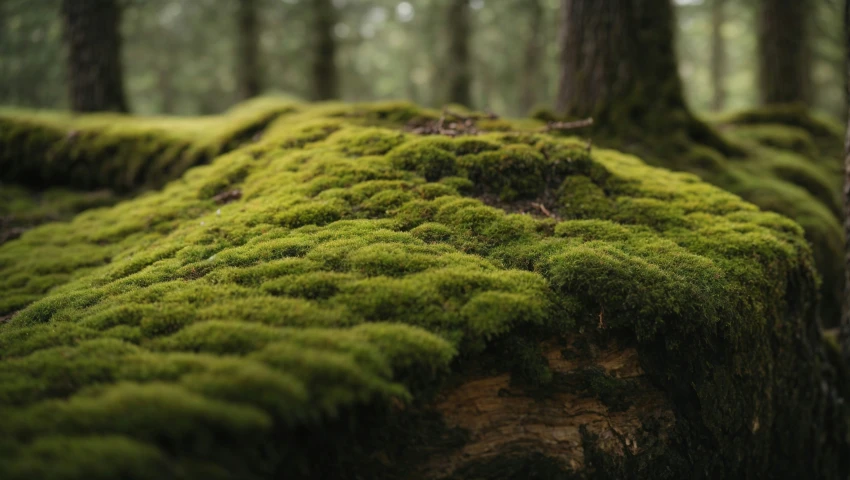 the moss covered rock in the forest is under trees