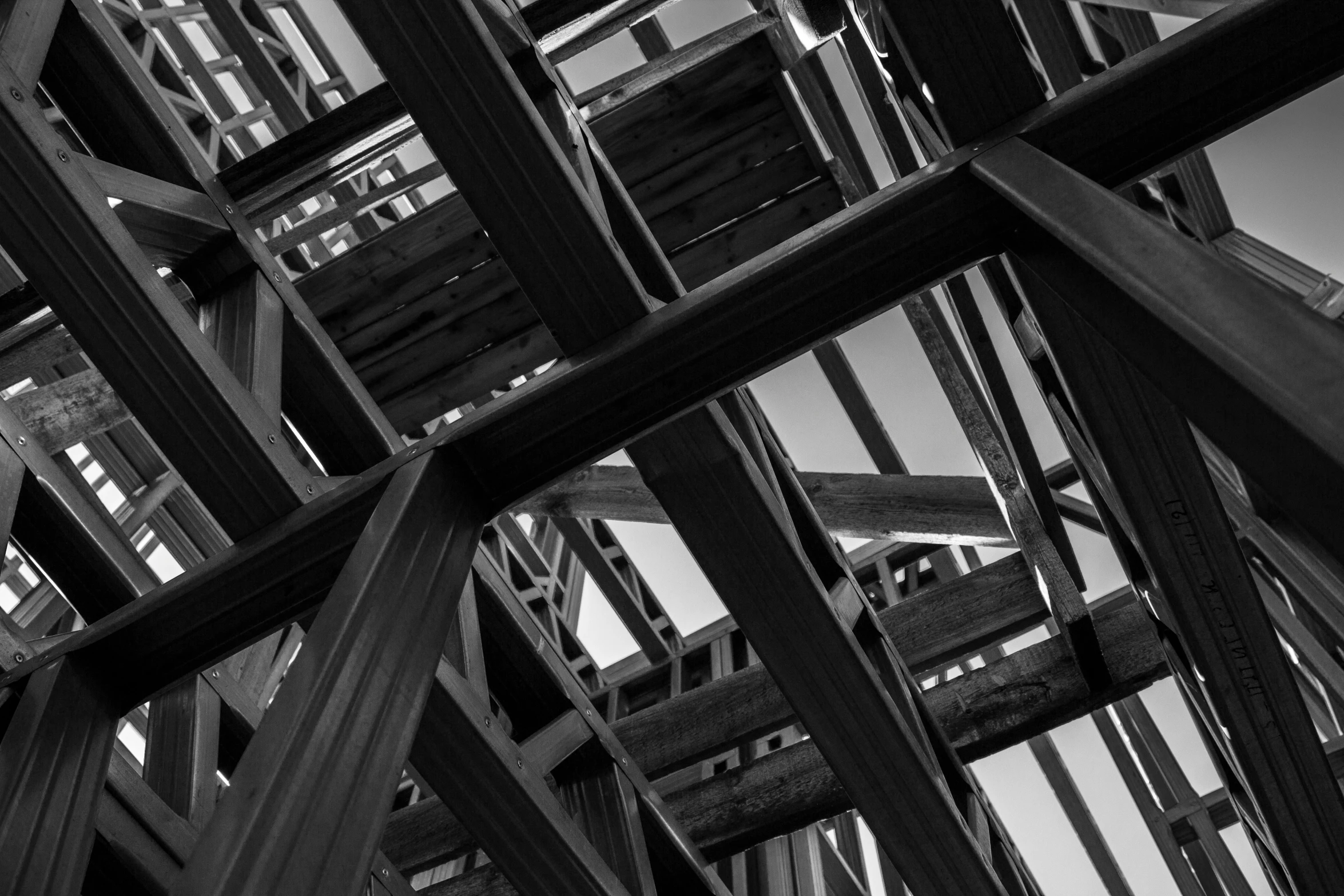 wooden structures in a black and white po