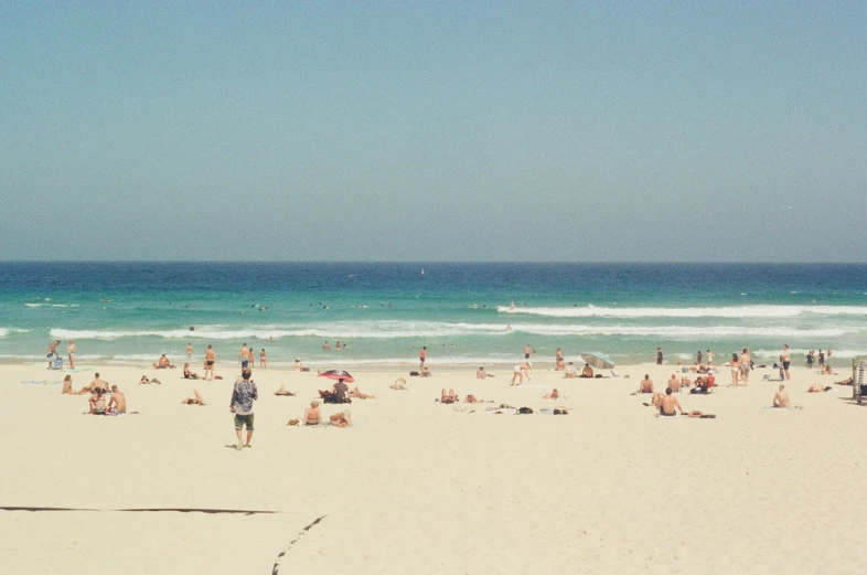 a large group of people sitting and standing on top of a beach