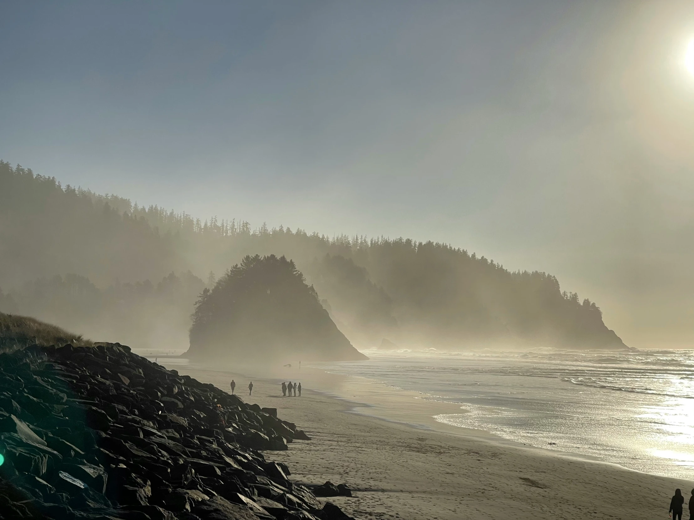 several people are walking on the beach in fog