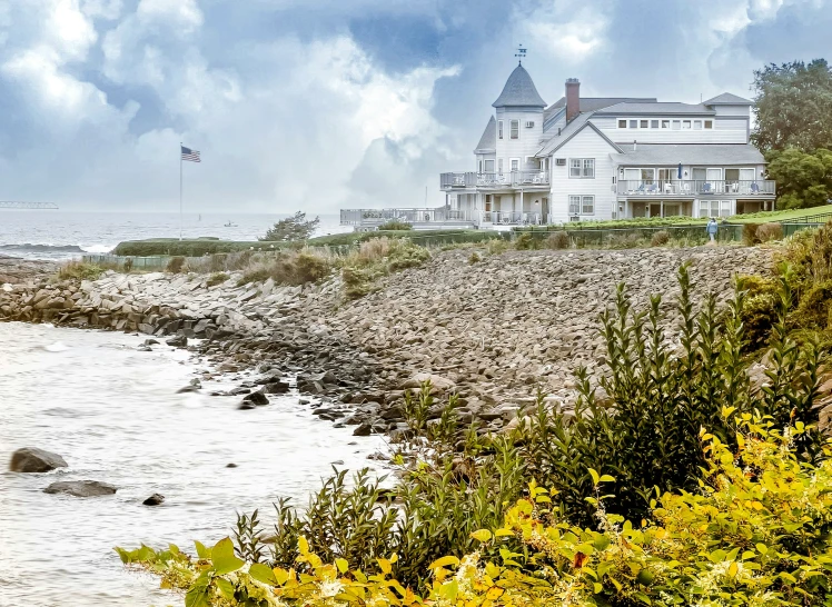 a view of an ocean and house with yellow flowers in the foreground