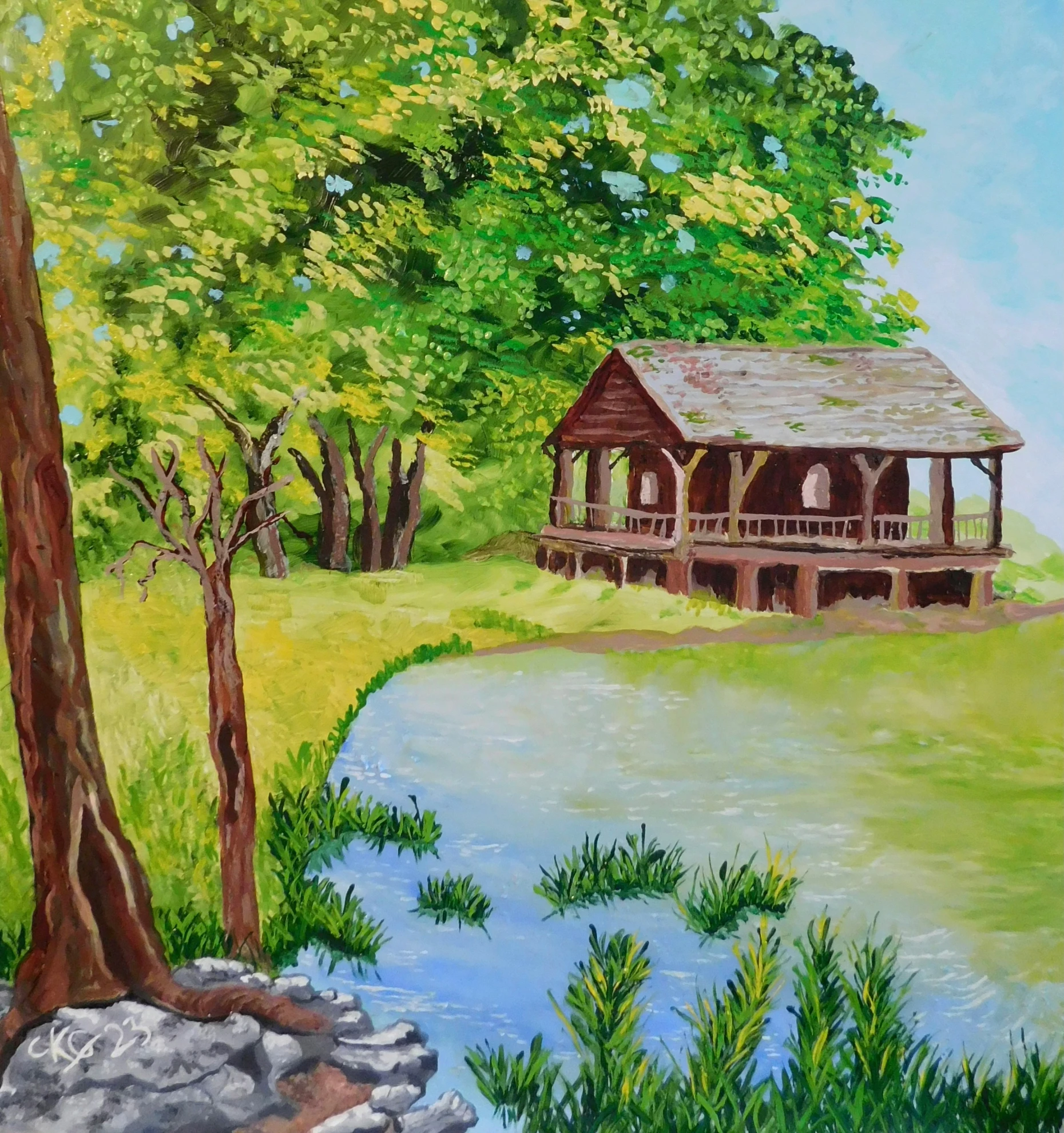 painting of an old house in the middle of a green field