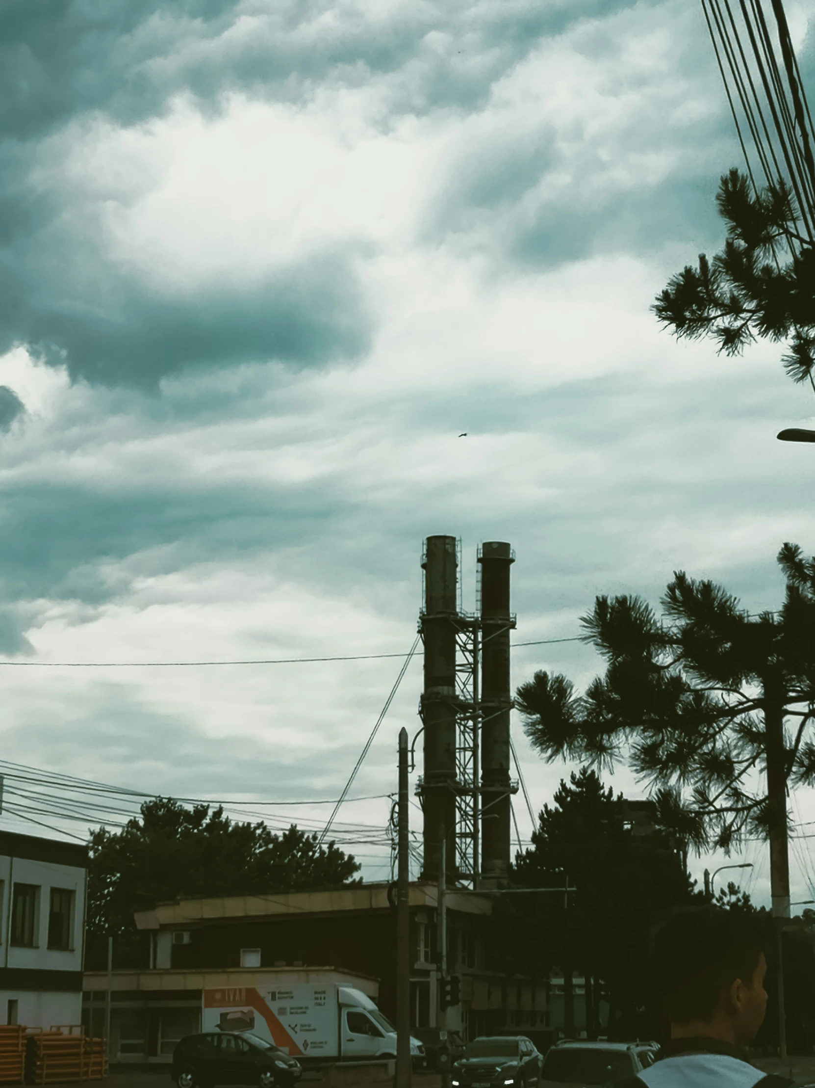 a person standing near a traffic light on a cloudy day