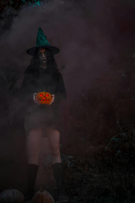 a witch with a basket and some pumpkins in her hands