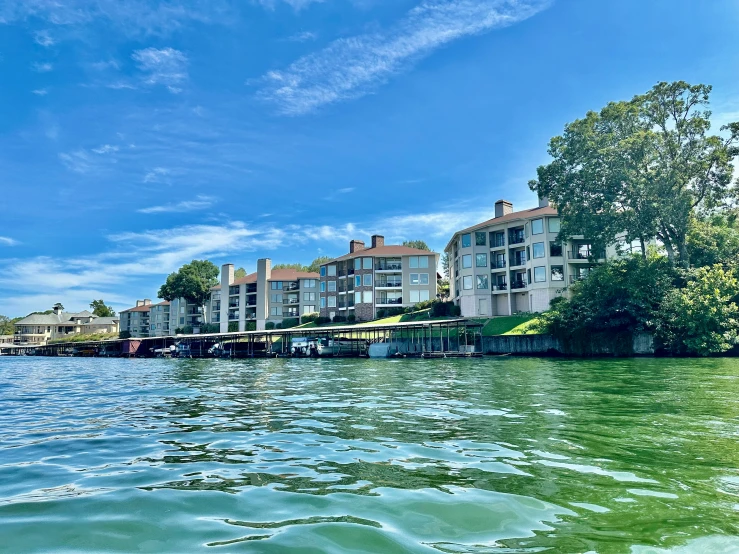 the water is calm and clear near the building