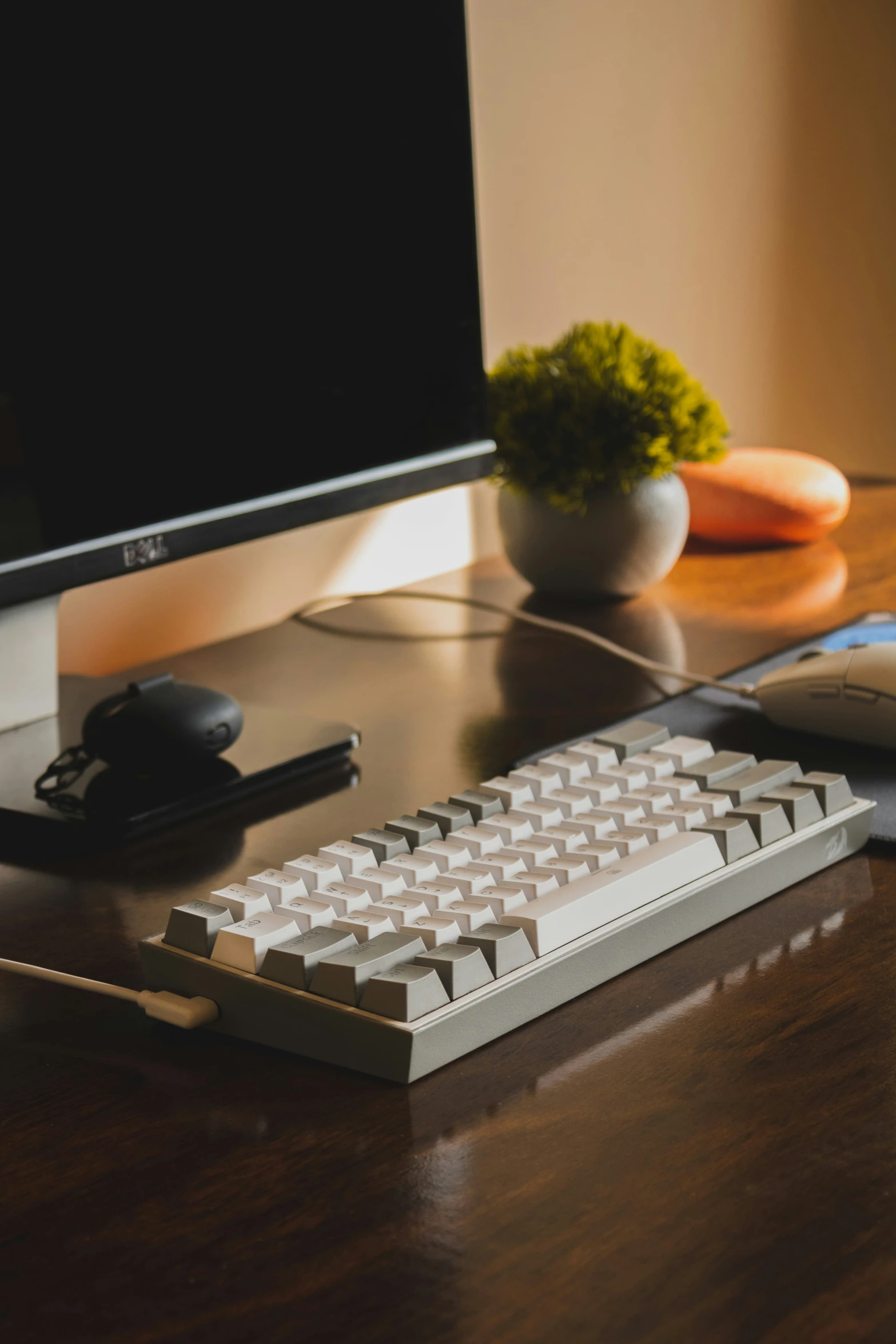 a wooden desk with a keyboard and mouse