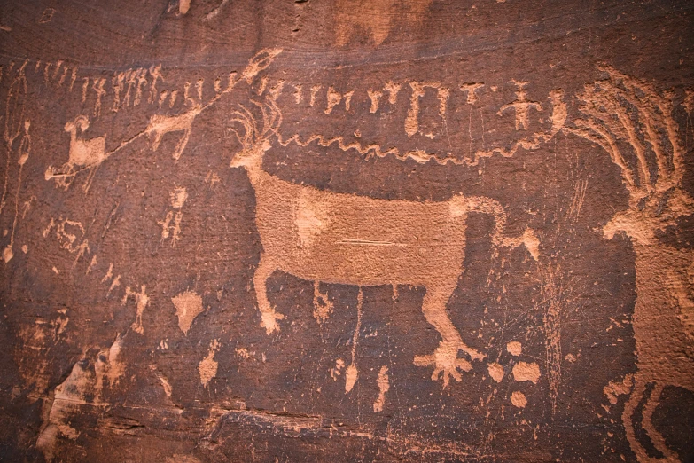 some rock painting with a horse, animals and sheep