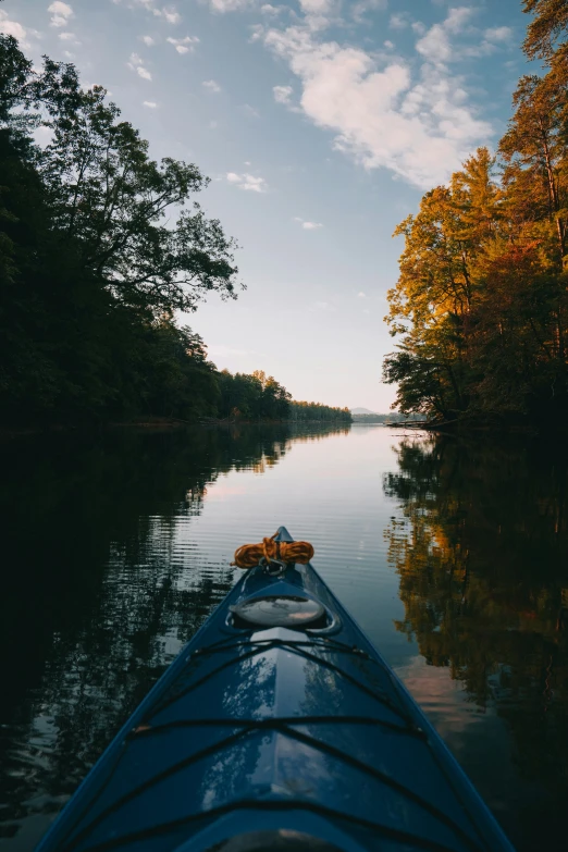 a blue canoe filled with water next to a forest