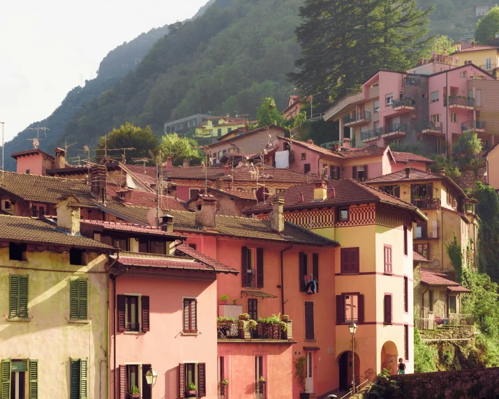 some buildings and a green mountain range in the background