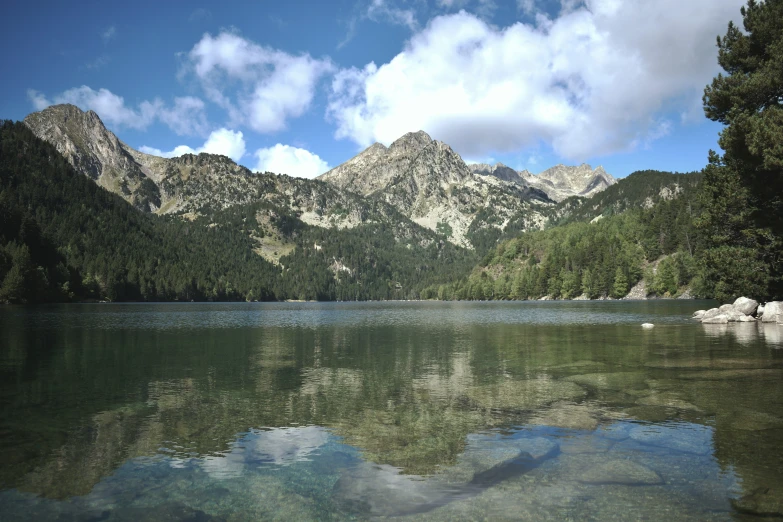 mountains near water with reflection of clouds and trees