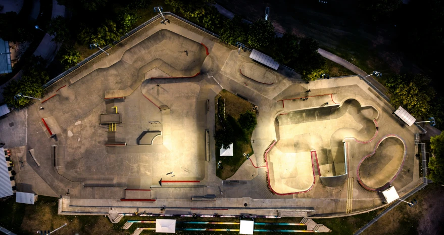 an aerial s of a skateboard park at night