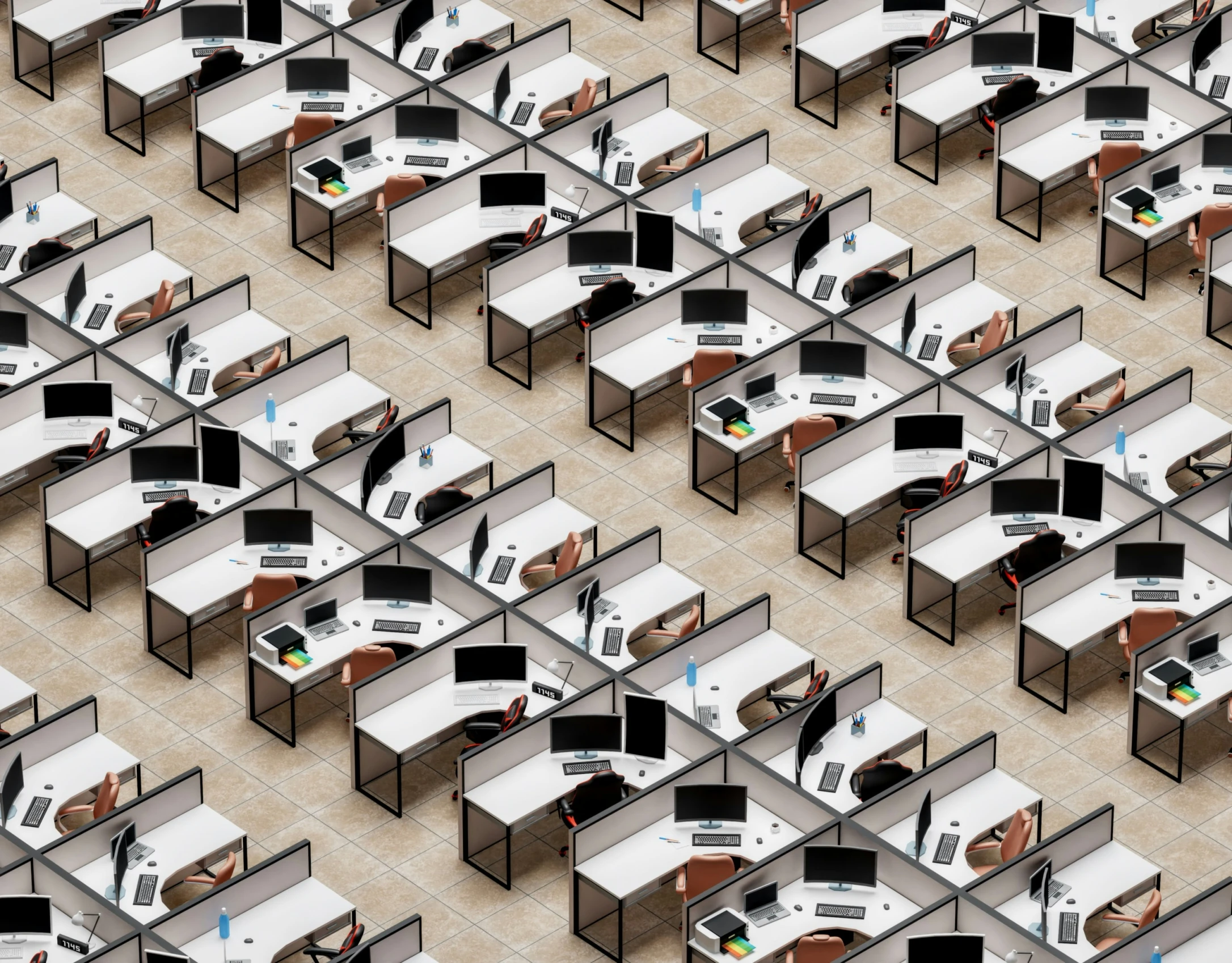 an overhead view of office cubicles lined up