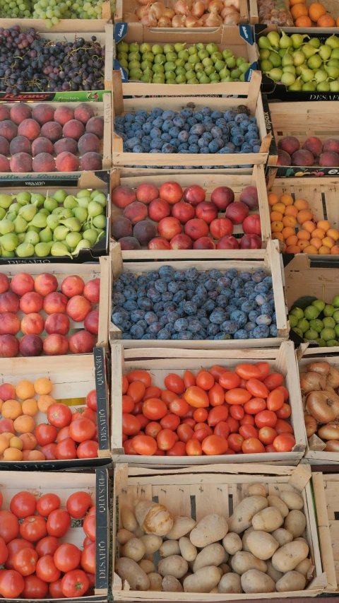 many apples are displayed in wooden crates, all different colors