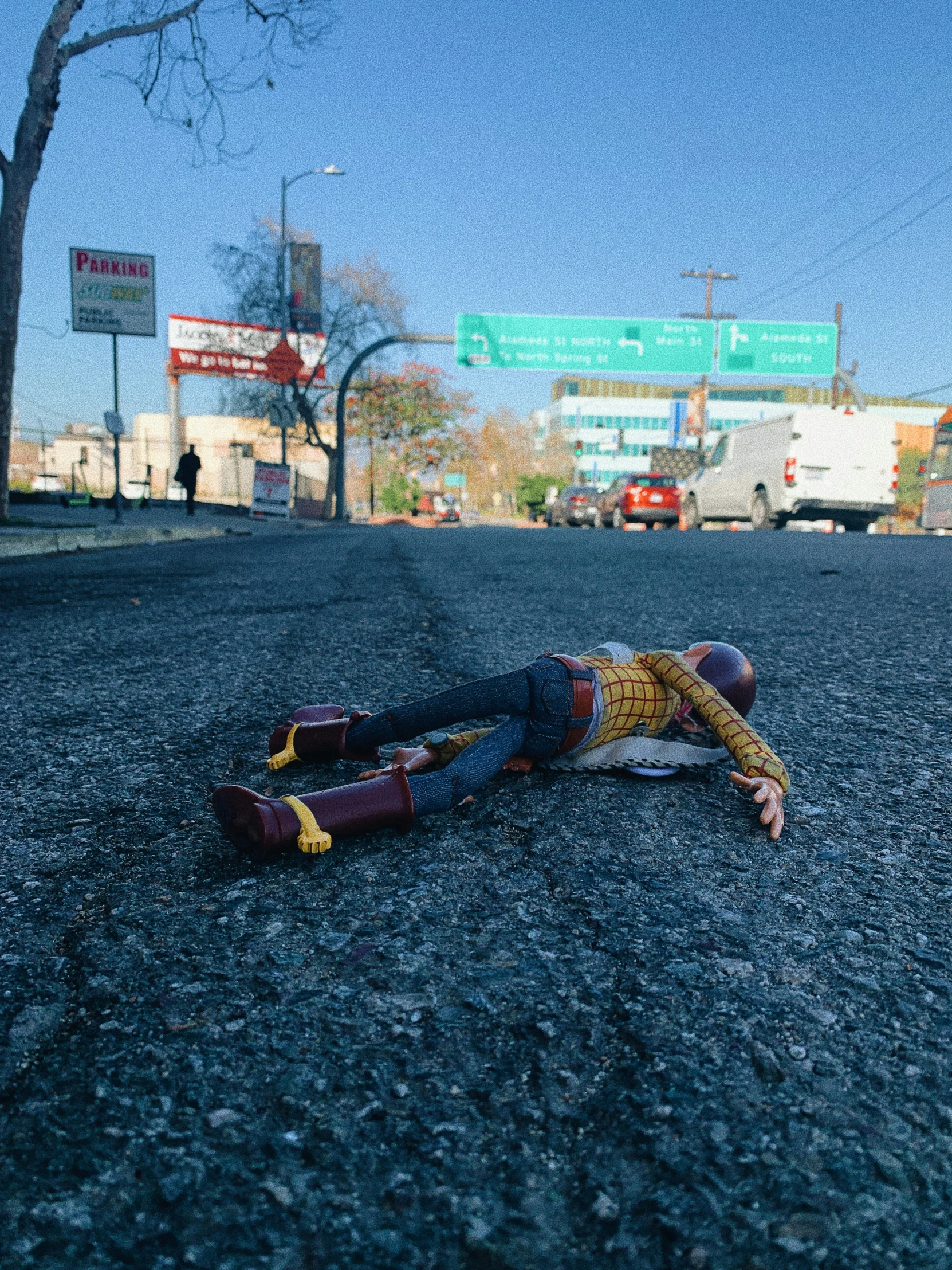 a person laying on the side of a road with a dead object