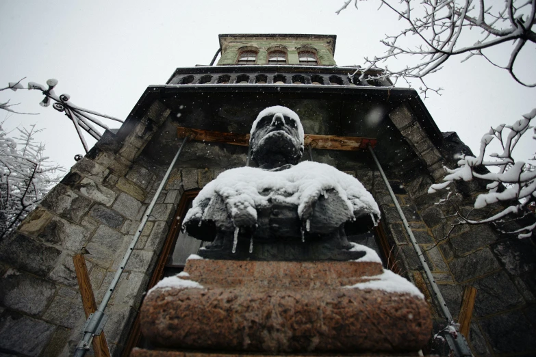 a statue that looks like a bear and snow