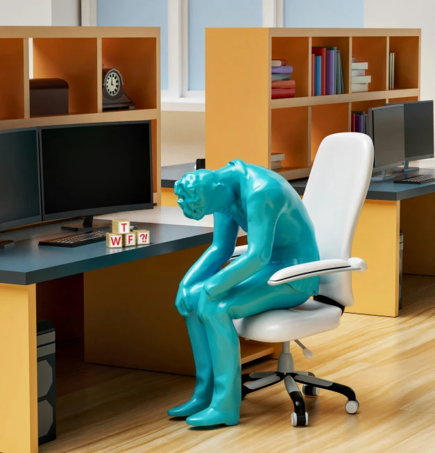 an image of a statue of a man sitting in front of a computer