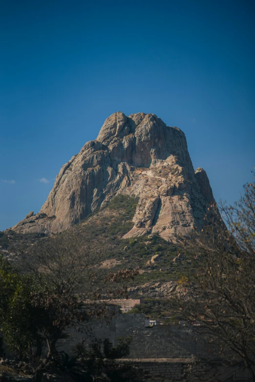 a mountain with trees and houses below