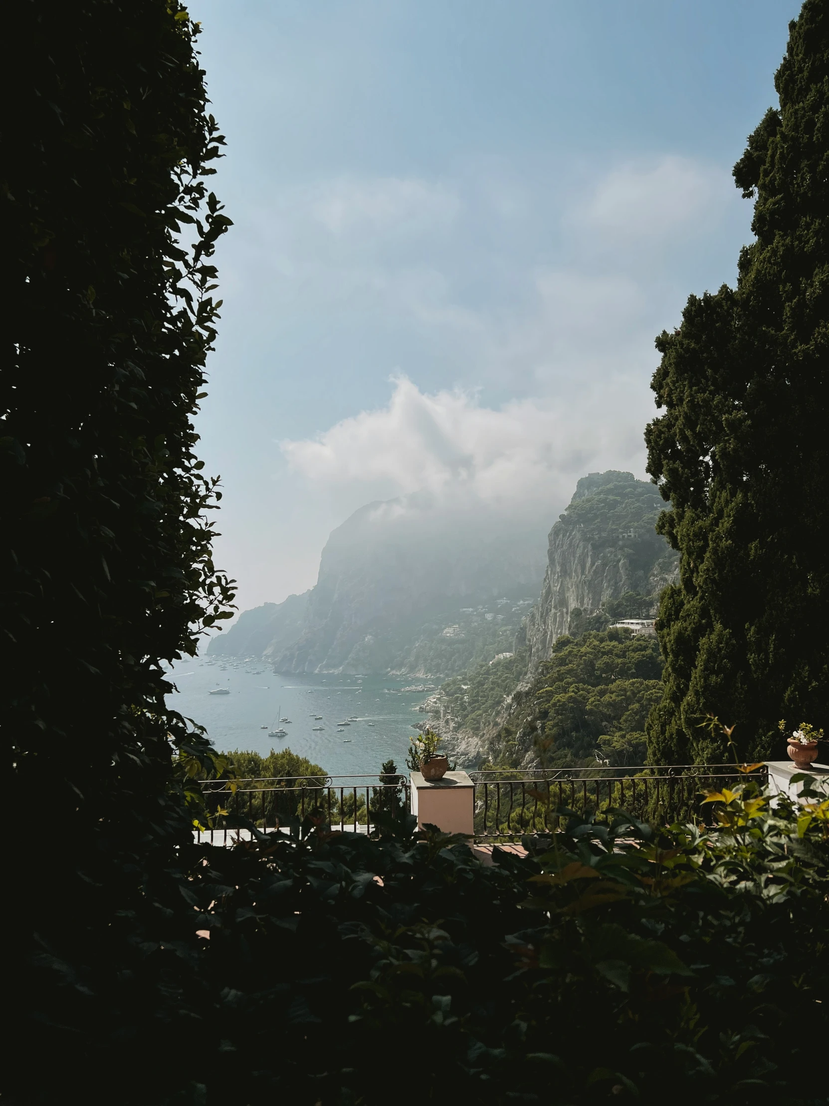 an ocean side scene with trees on both sides and mountains behind