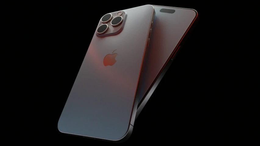 the phone is on a black background that has a red and white apple logo on it