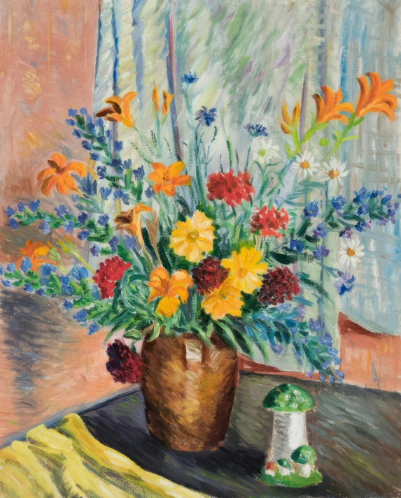 painting of vase with flowers and a toad on table