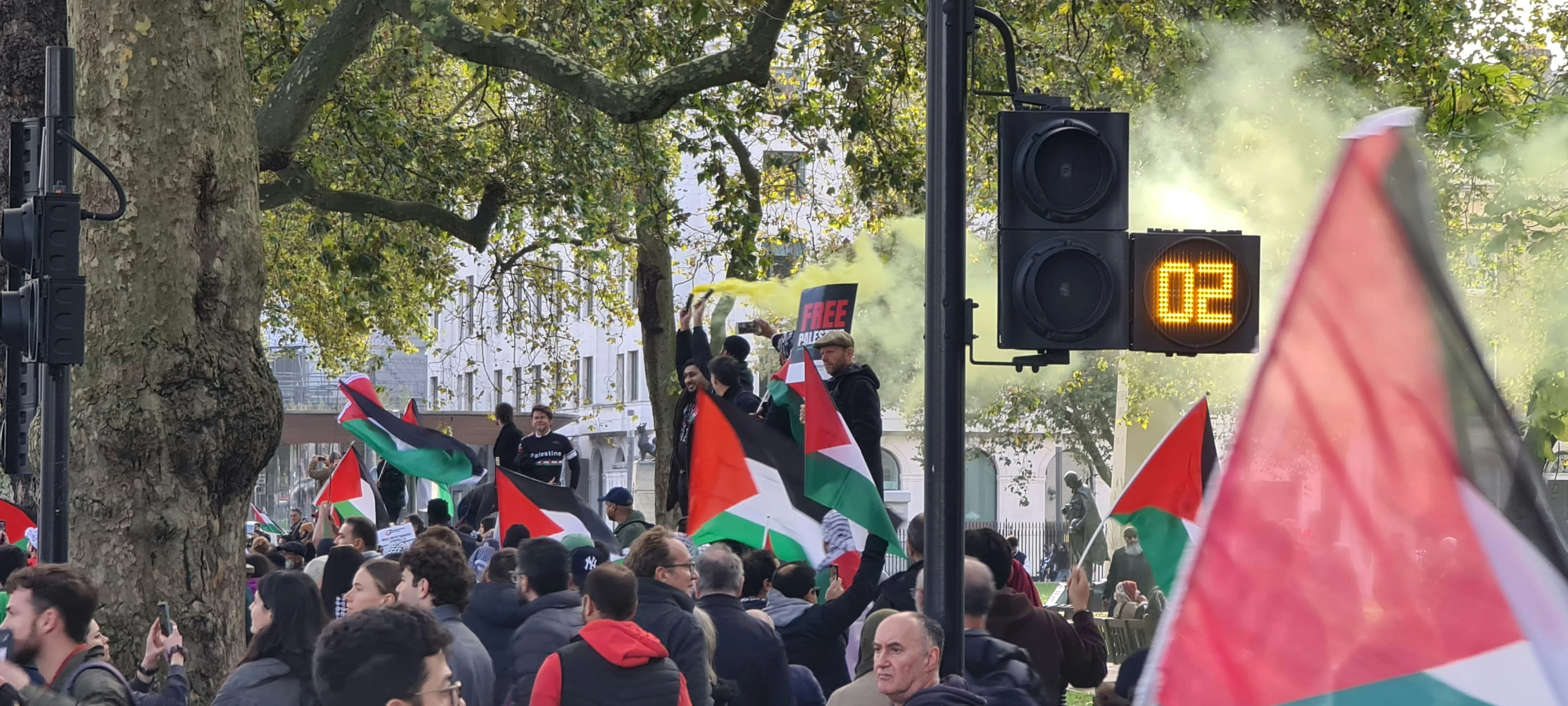 people walking in the street carrying colorful flags