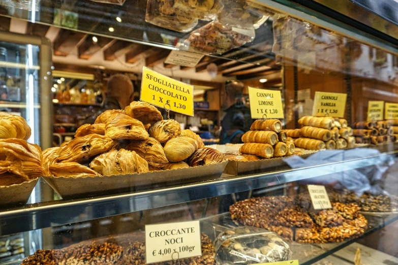 a bunch of food items in a display case