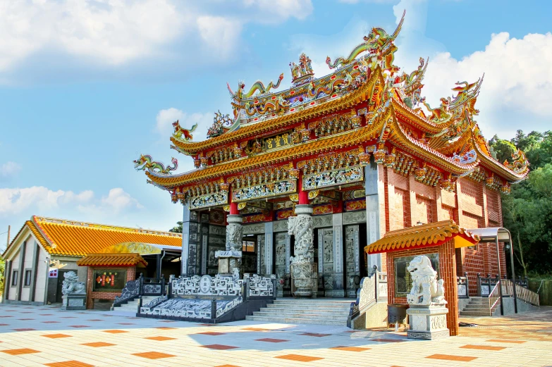 a pavilion is decorated with various oriental items