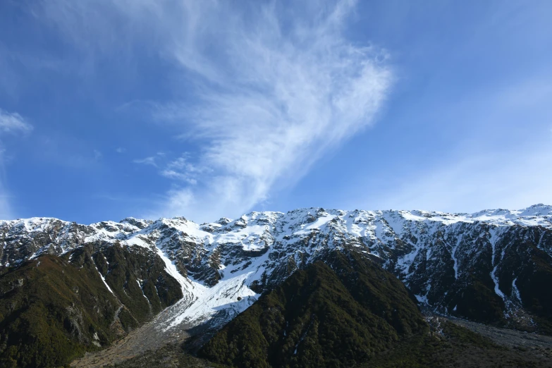 mountains and snow covered peaks on a cloudy day