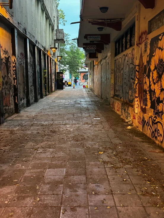 a deserted alley with graffiti written all over the walls