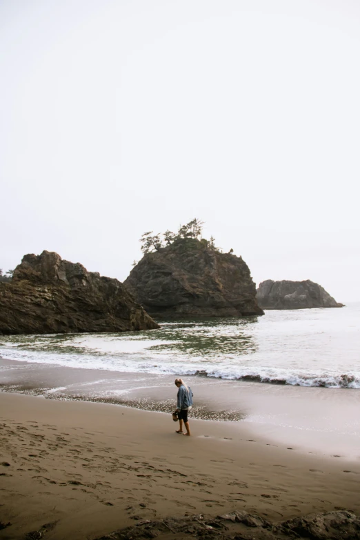 a woman stands on the beach with her dog, staring out at the waves