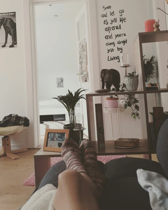 someones feet on the ground with plants and an elephant wallpaper