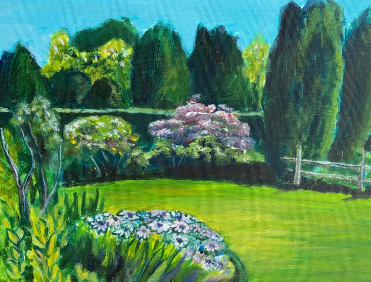 painting of landscape of flower garden with trees