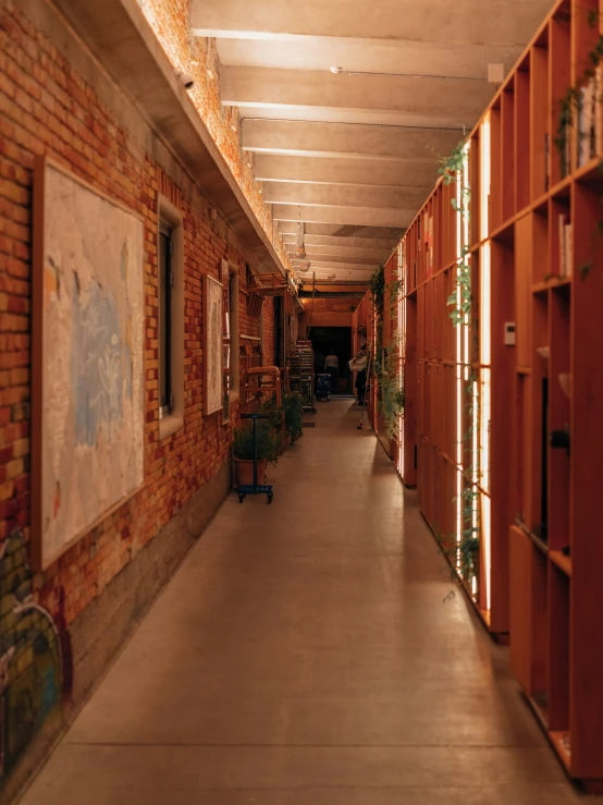 a corridor in the middle of a building with bookshelves on both sides