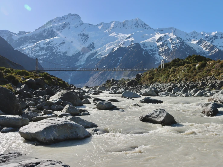 snow covered mountains loom above a river