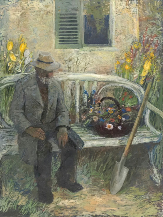 a painting of a man on a bench with flowers