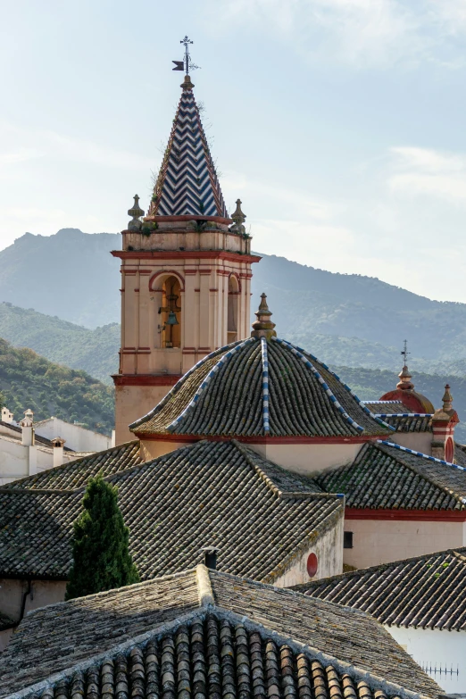 the bell tower has many tiled roof tops