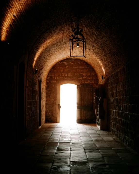 a brick tunnel with a light shining through the middle