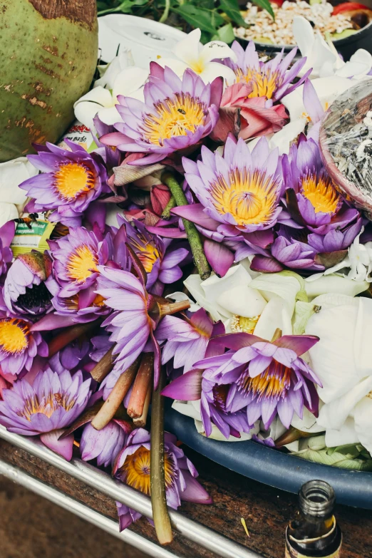 a tray full of water lillies sits on top of a table