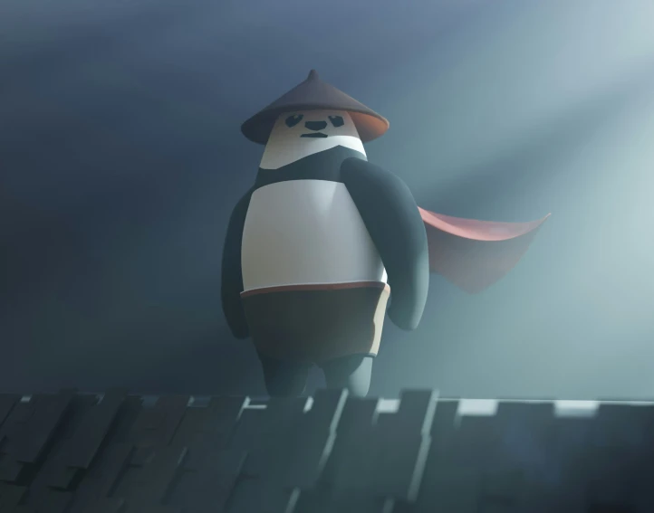 a penguin with a red cape standing on a wooden fence