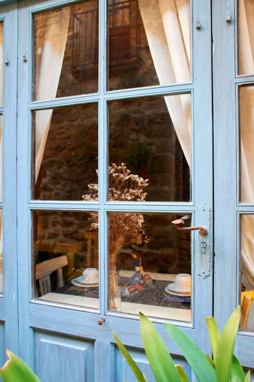 an open window with flowered plants inside