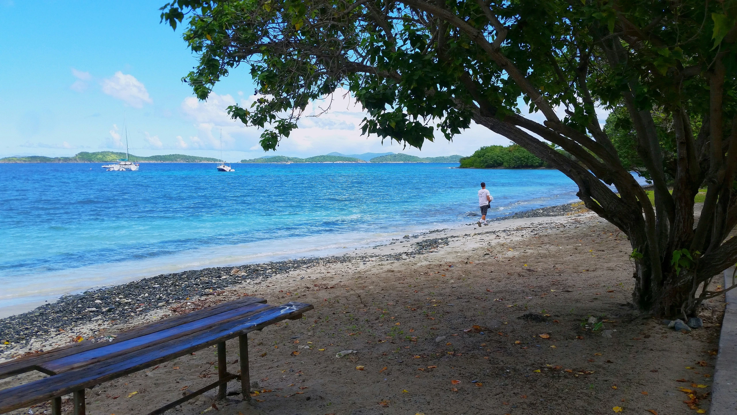 a man standing in the shade on the beach by the water