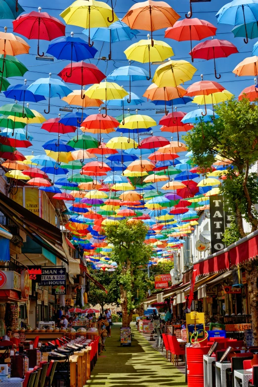 a view of street with lots of colorful umbrellas