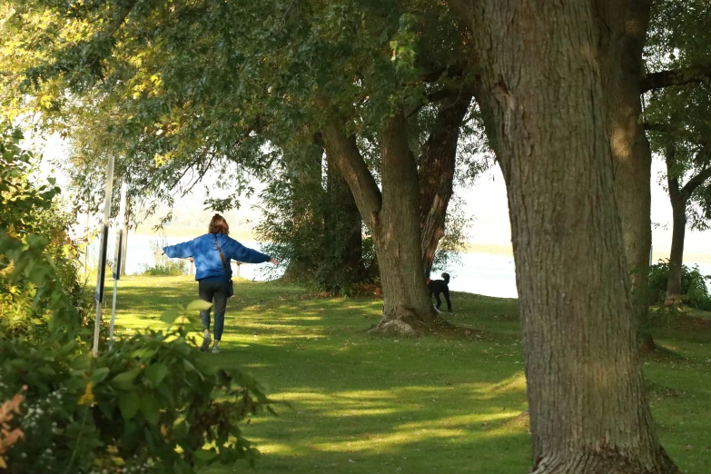 the person is running down the tree lined path