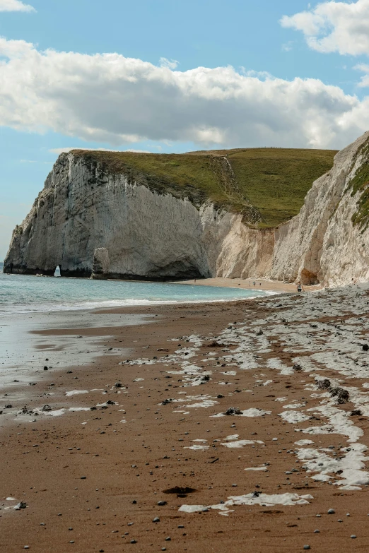 a sandy beach with white cliffs and blue water