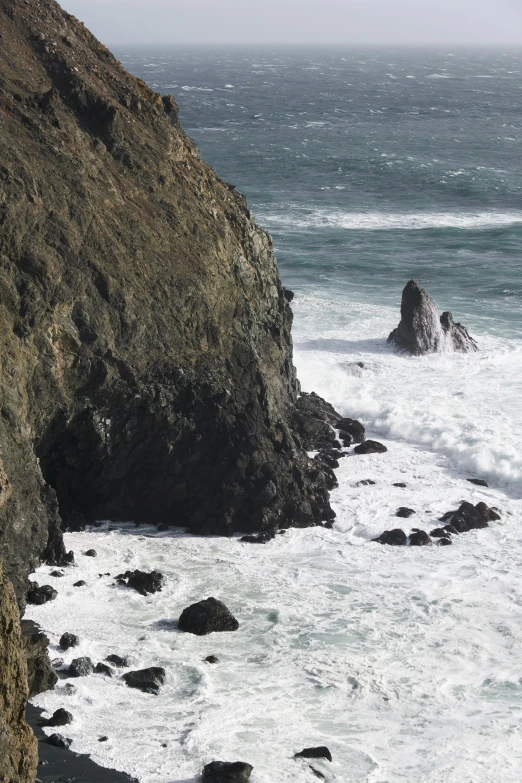 two birds sitting on the edge of a cliff by the water