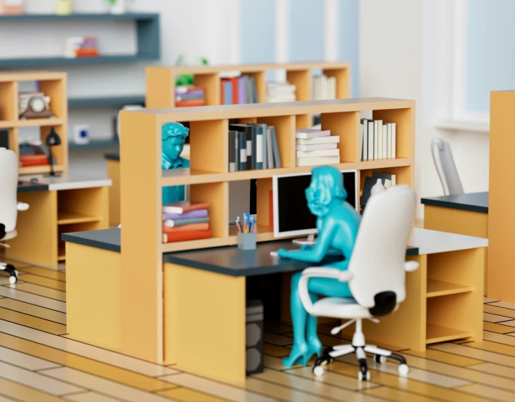 a toy man sitting at a desk in front of a bookcase